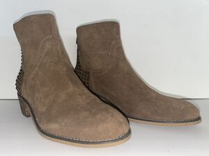 Marc Fisher Sz 7 1/2 M Brown Gray Suede Studded Back Block Heel Back Zip Bootie